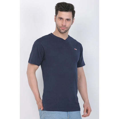 Roneclick Men's Cotton Jersey V Neck Plain Tshirt (Navy)