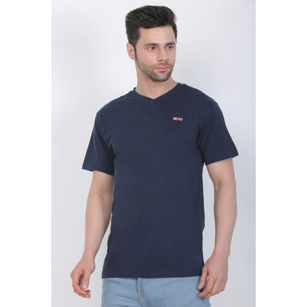 Roneclick Men's Cotton Jersey V Neck Plain Tshirt (Navy)