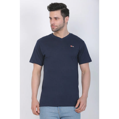 Roneclick Men's Cotton Jersey V Neck Plain Tshirt (Navy)