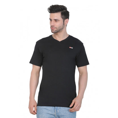 Roneclick Men's Cotton Jersey V Neck Plain Tshirt (Black)