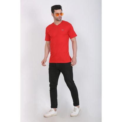 Roneclick Men's Cotton Jersey V Neck Plain Tshirt (Red)