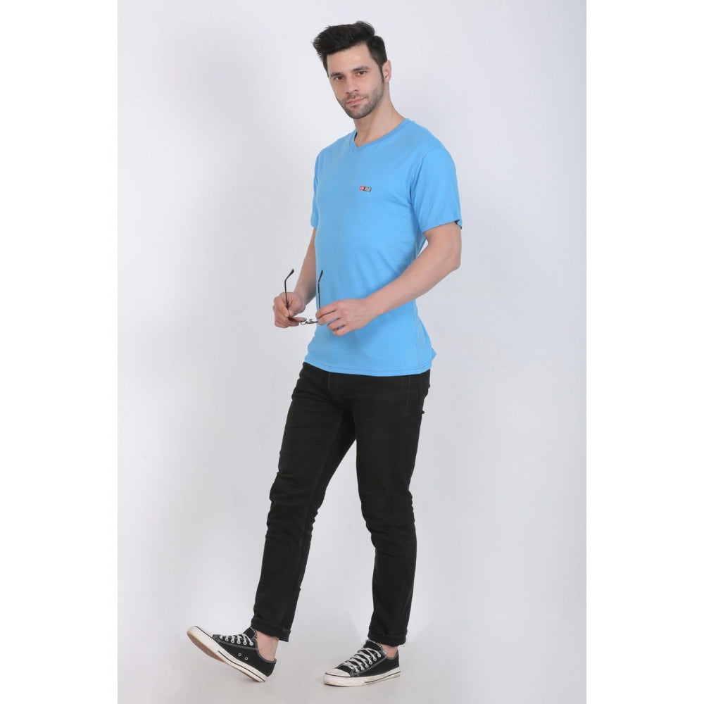 Roneclick Men's Cotton Jersey V Neck Plain Tshirt (Turquoise Blue)