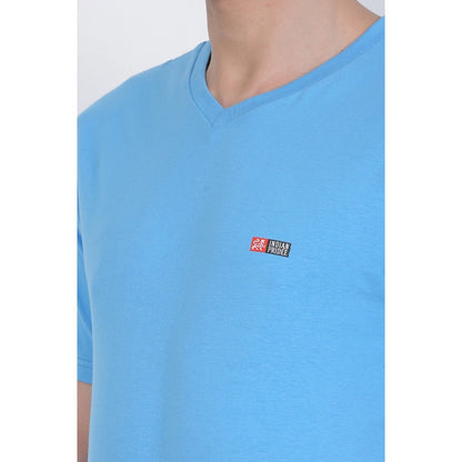 Roneclick Men's Cotton Jersey V Neck Plain Tshirt (Turquoise Blue)