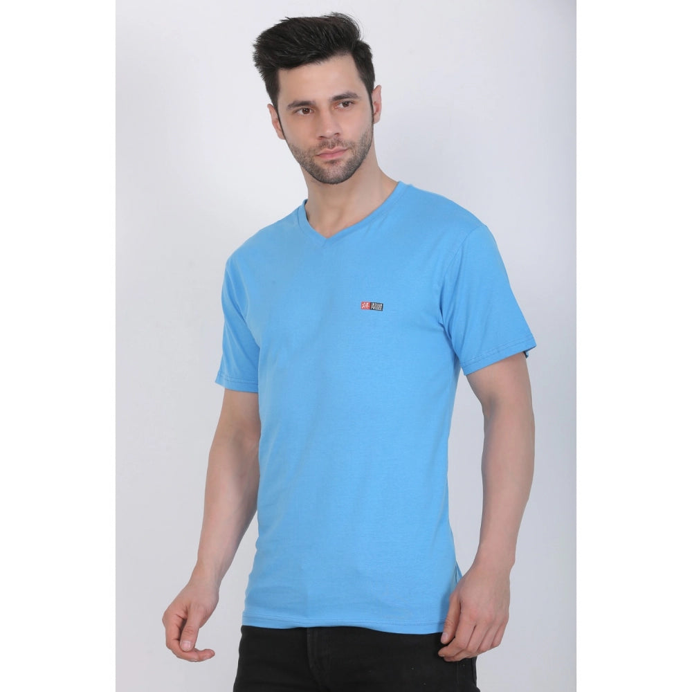 Roneclick Men's Cotton Jersey V Neck Plain Tshirt (Turquoise Blue)