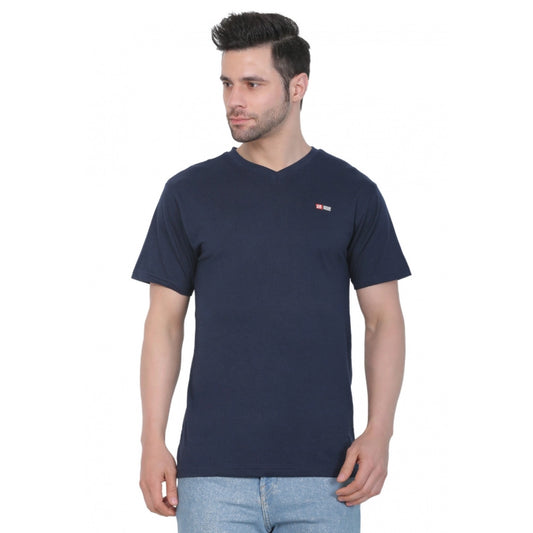 Roneclick Men's Cotton Jersey V Neck Plain Tshirt (Navy)