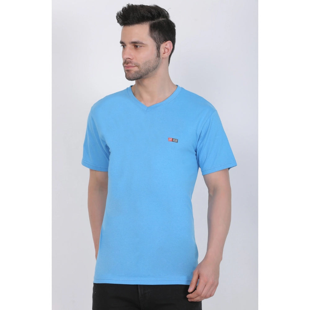 Roneclick Men's Cotton Jersey V Neck Plain Tshirt (Turquoise Blue)