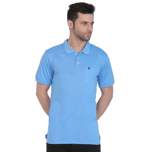 Roneclick Men's Poly Viscose Polo Plain Tshirt (Blue Melange)