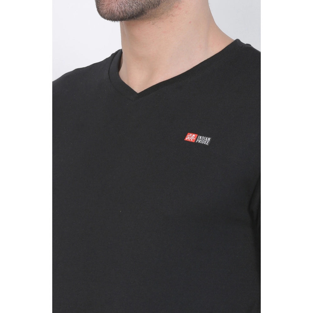 Roneclick Men's Cotton Jersey V Neck Plain Tshirt (Black)