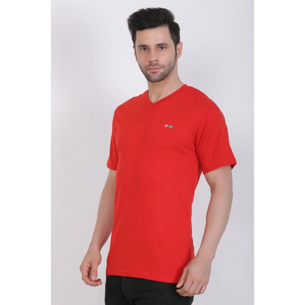 Roneclick Men's Cotton Jersey V Neck Plain Tshirt (Red)