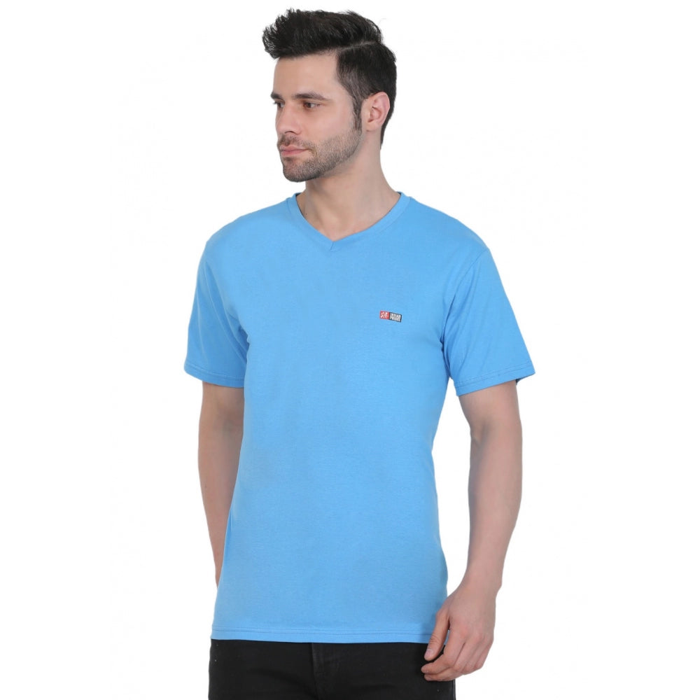 Roneclick Men's Cotton Jersey V Neck Plain Tshirt (Turquoise Blue)