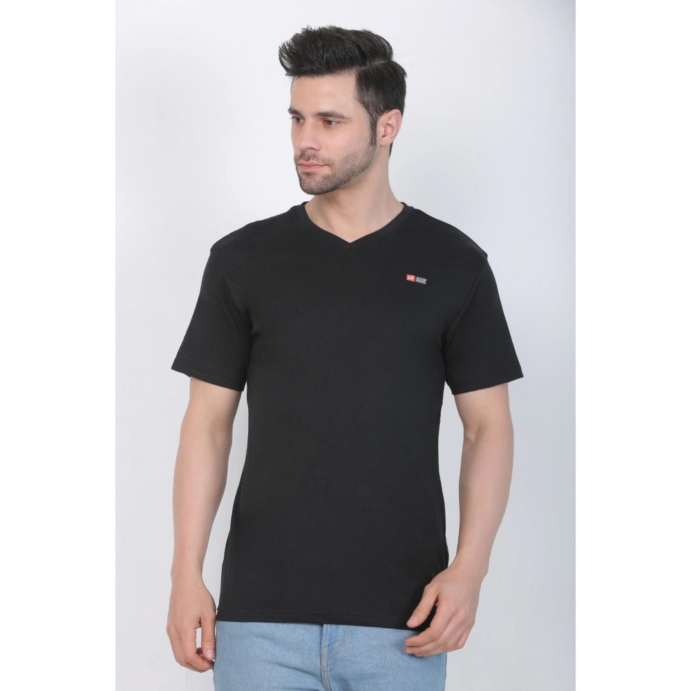 Roneclick Men's Cotton Jersey V Neck Plain Tshirt (Black)