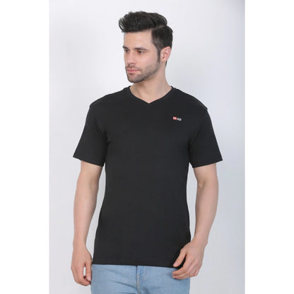 Roneclick Men's Cotton Jersey V Neck Plain Tshirt (Black)