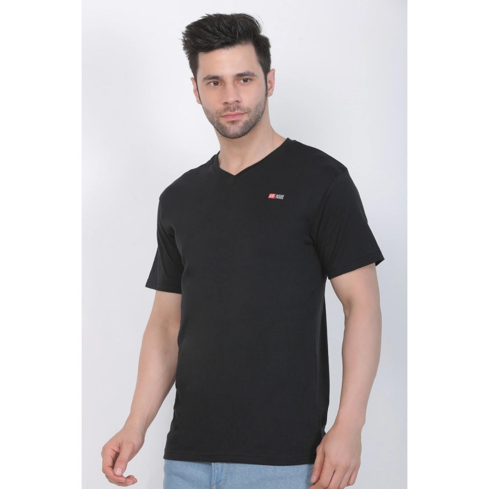 Roneclick Men's Cotton Jersey V Neck Plain Tshirt (Black)