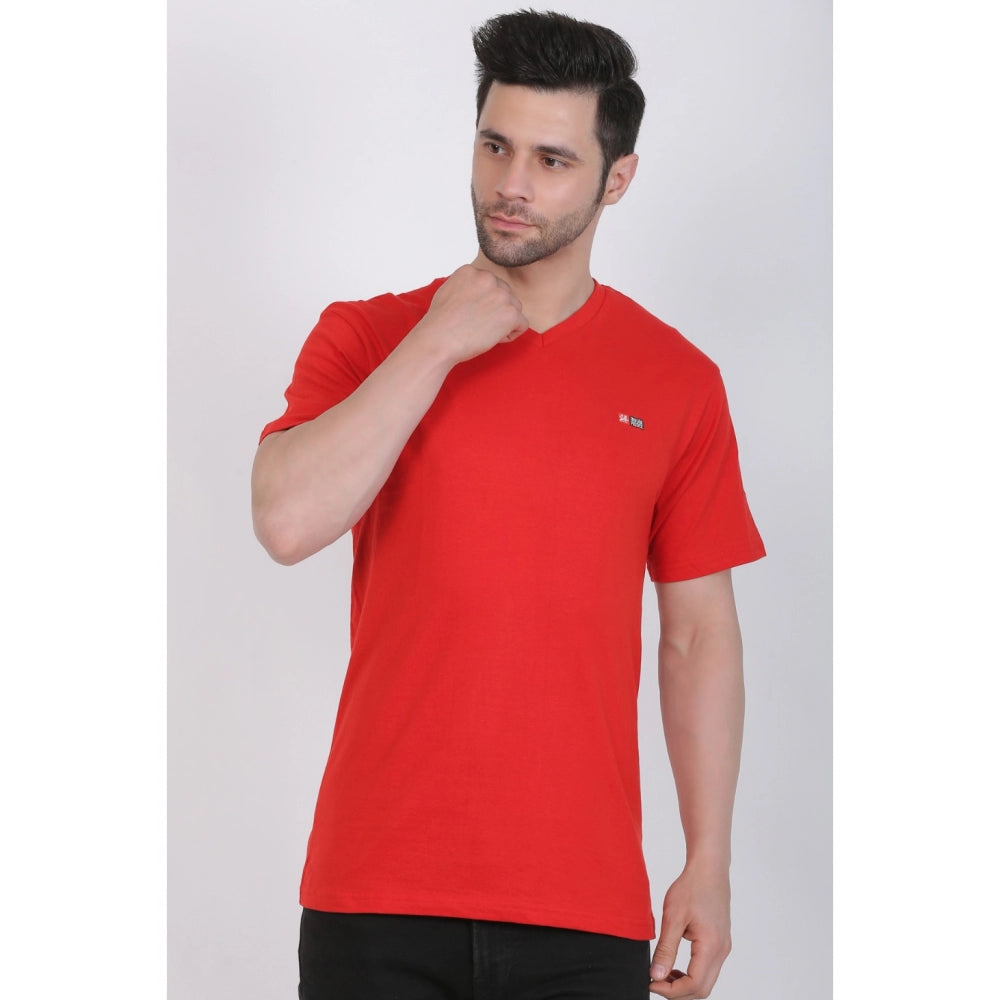 Roneclick Men's Cotton Jersey V Neck Plain Tshirt (Red)