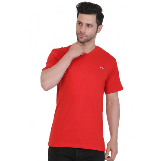 Roneclick Men's Cotton Jersey V Neck Plain Tshirt (Red)