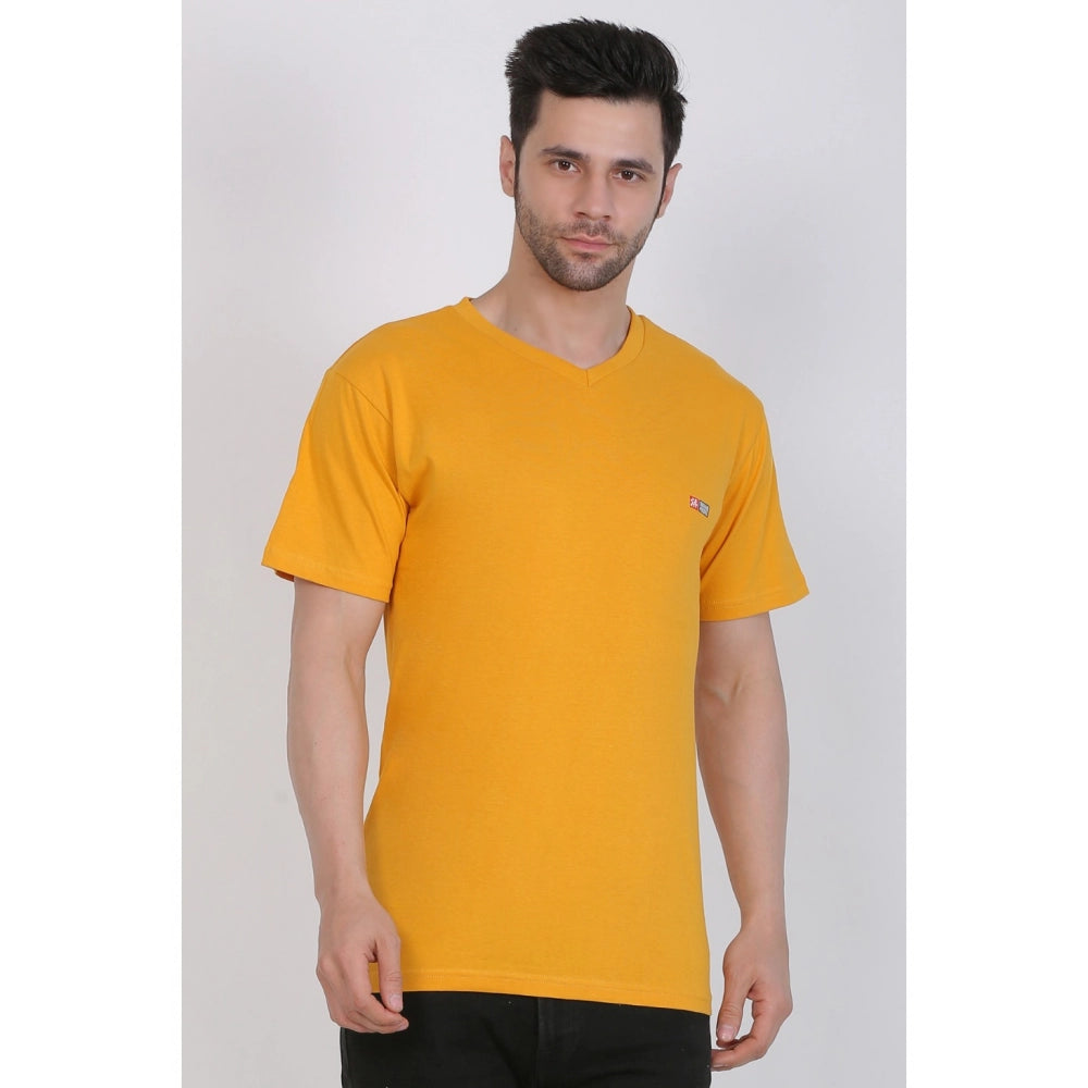 Roneclick Men's Cotton Jersey V Neck Plain Tshirt (Mustard Yellow)