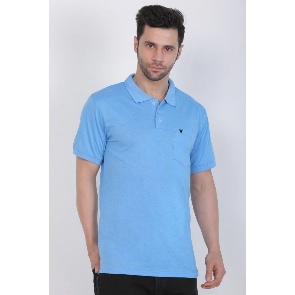 Roneclick Men's Poly Viscose Polo Plain Tshirt (Blue Melange)