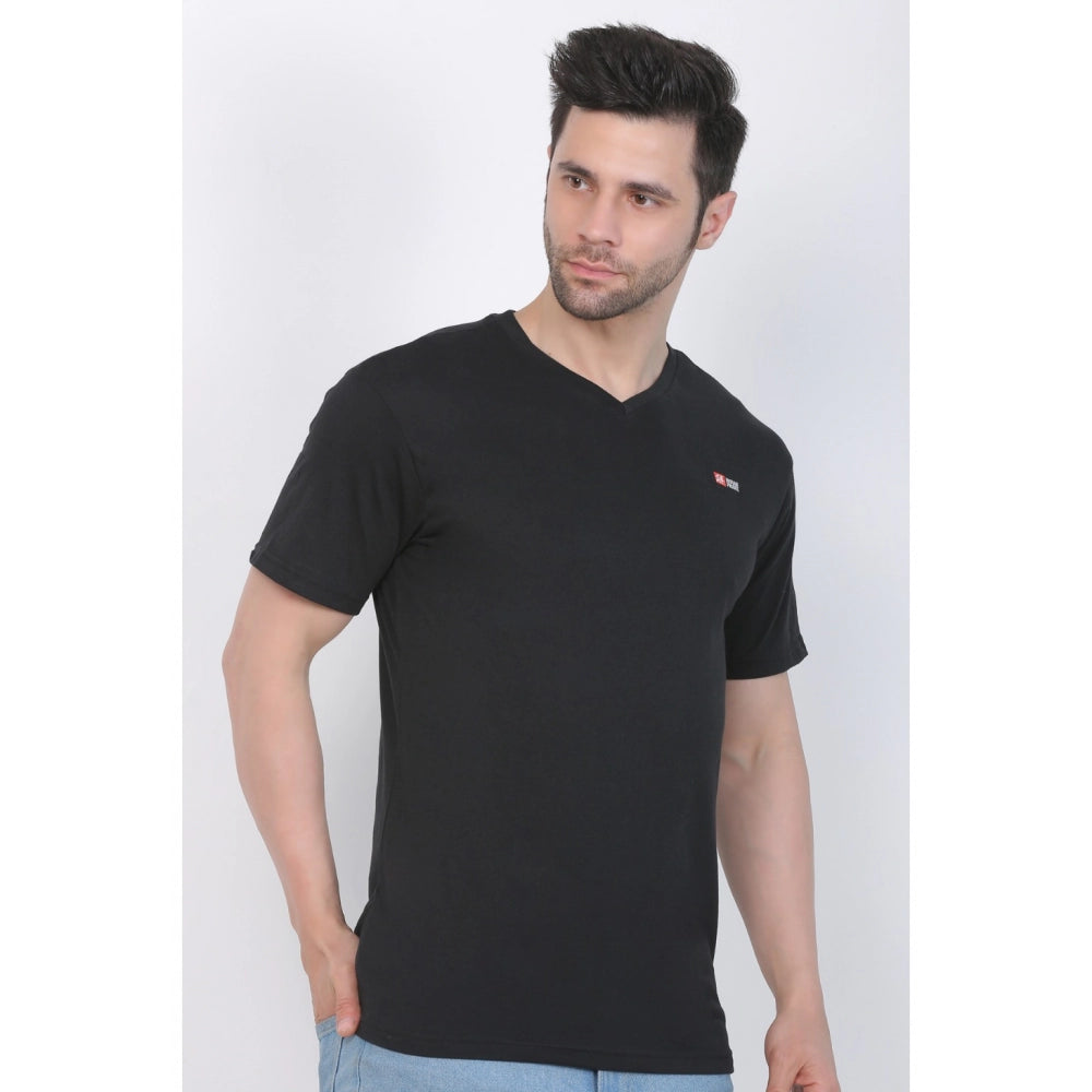 Roneclick Men's Cotton Jersey V Neck Plain Tshirt (Black)