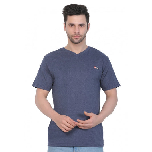 Roneclick Men's Cotton Jersey V Neck Plain Tshirt (Blue Melange)