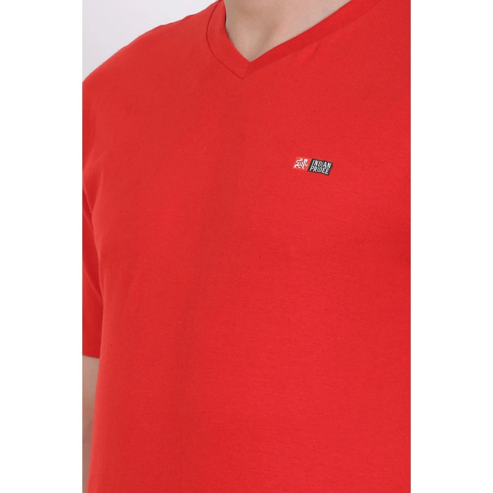 Roneclick Men's Cotton Jersey V Neck Plain Tshirt (Red)