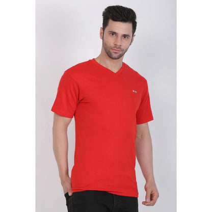 Roneclick Men's Cotton Jersey V Neck Plain Tshirt (Red)