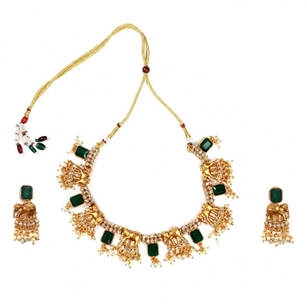 Roneclick Women's Gold Plated Necklace and Earrings Set with Mang Tikka (Green, Free Size)