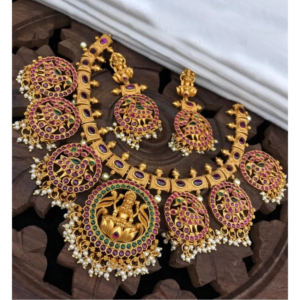 Roneclick Women's Goddess Glamour Gold Plated Temple Necklace and Jhumka Set (Multi Color, Free Size)