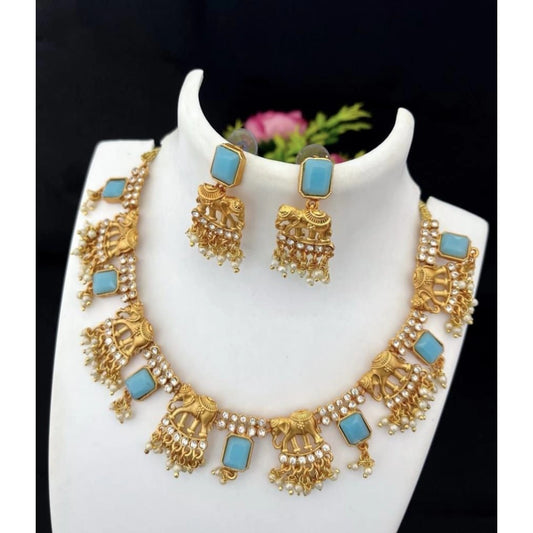 Roneclick Women's Gold Plated Necklace and Earrings Set with Mang Tikka (Blue, Free Size)