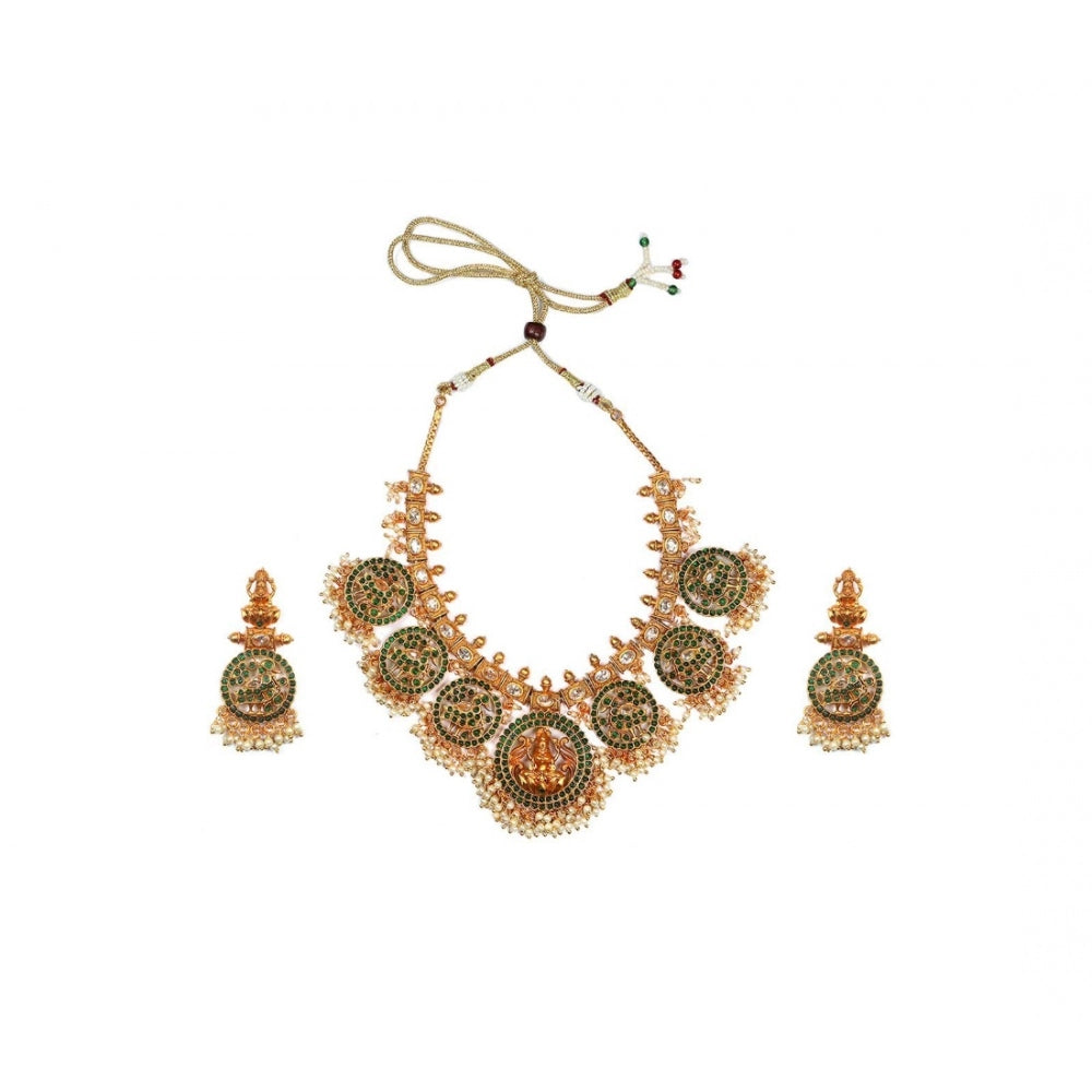 Roneclick Women's Goddess Glamour Gold Plated Temple Necklace and Jhumka Set (Green, Free Size)