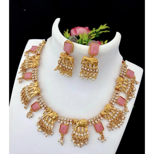 Roneclick Women's Gold Plated Temple Necklace and Necklace and Earrings Set (Pink, Free Size)