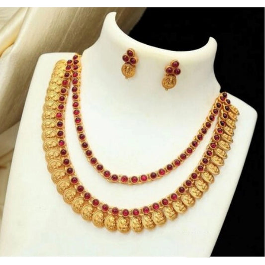 Roneclick Women's Ethnic Double Line Laxmi Coin Jewellery Set (Red, Free Size)