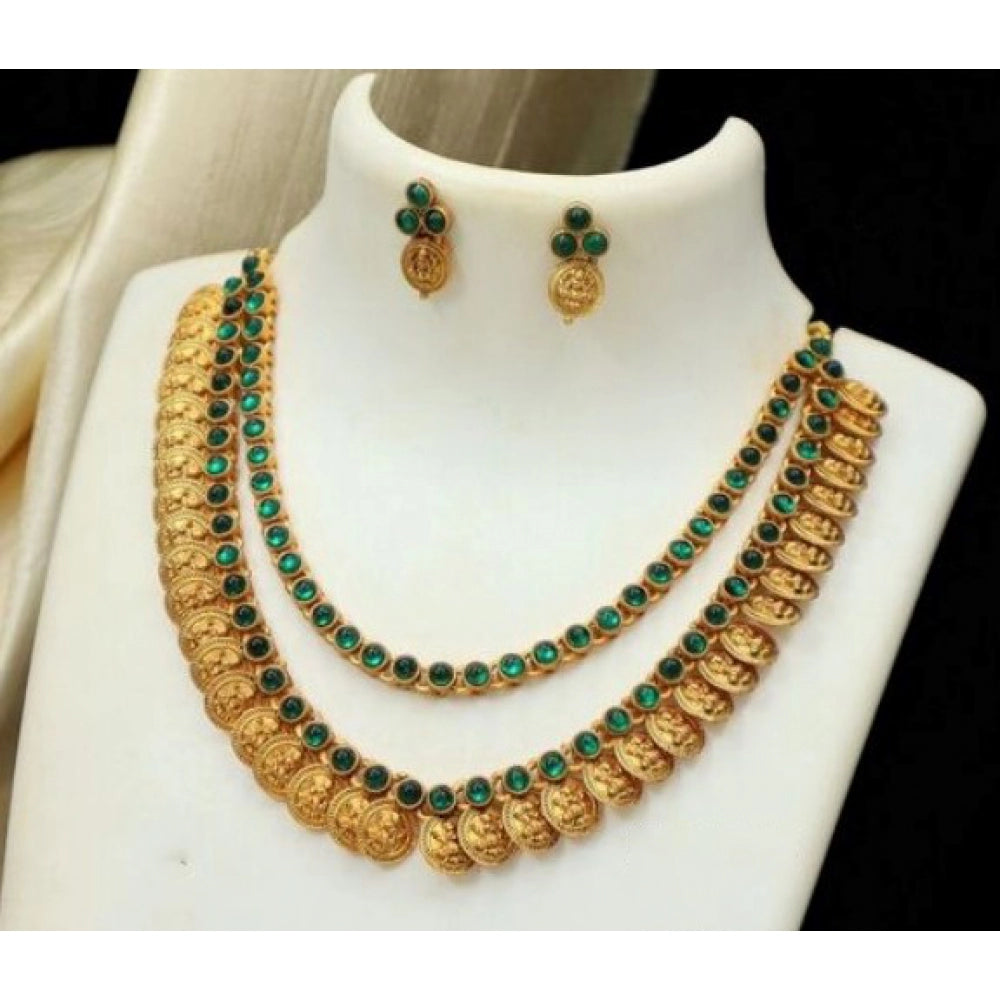 Roneclick Women's Ethnic Double Line Laxmi Coin Jewellery Set (Green, Free Size)