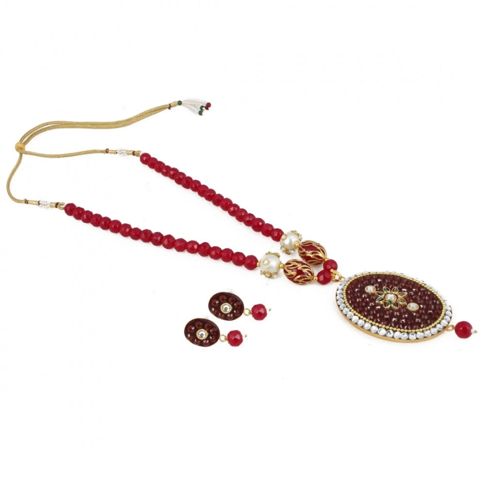 Roneclick Women's Stylish Maroon Golde Plated Traditional Kundan Necklace Set with Earrings (Color: Red)