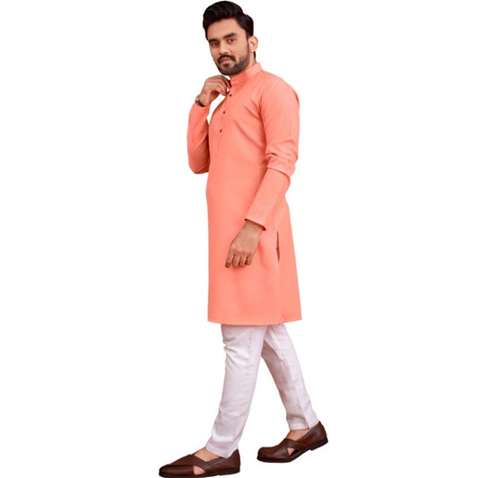 Roneclick Men's Cotton Blend Solid Full Sleeve Knee Length Kurta (Pink)