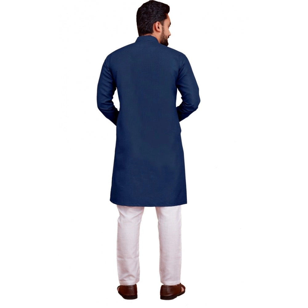 Roneclick Men's Cotton Blend Solid Full Sleeve Knee Length Kurta (Dark Blue)