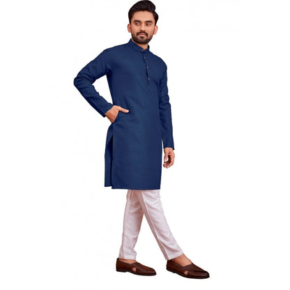 Roneclick Men's Cotton Blend Solid Full Sleeve Knee Length Kurta (Dark Blue)