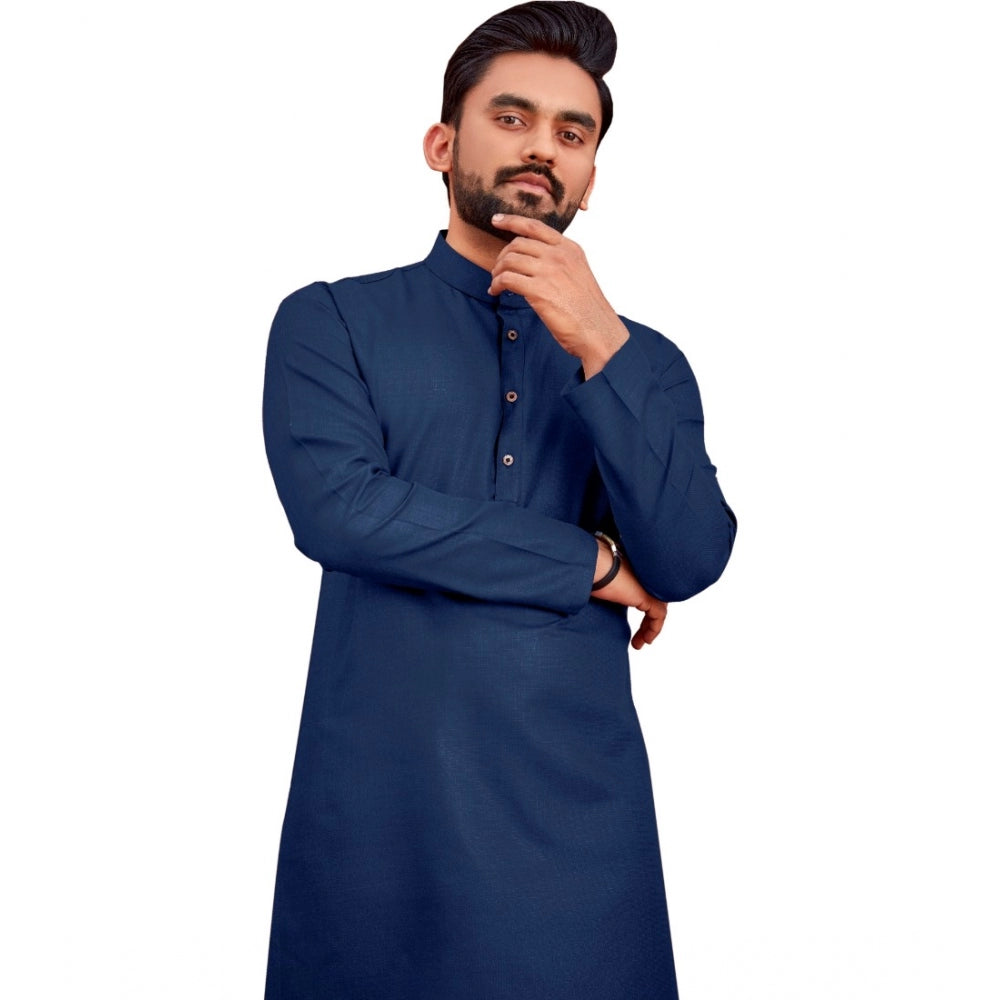 Roneclick Men's Cotton Blend Solid Full Sleeve Knee Length Kurta (Dark Blue)