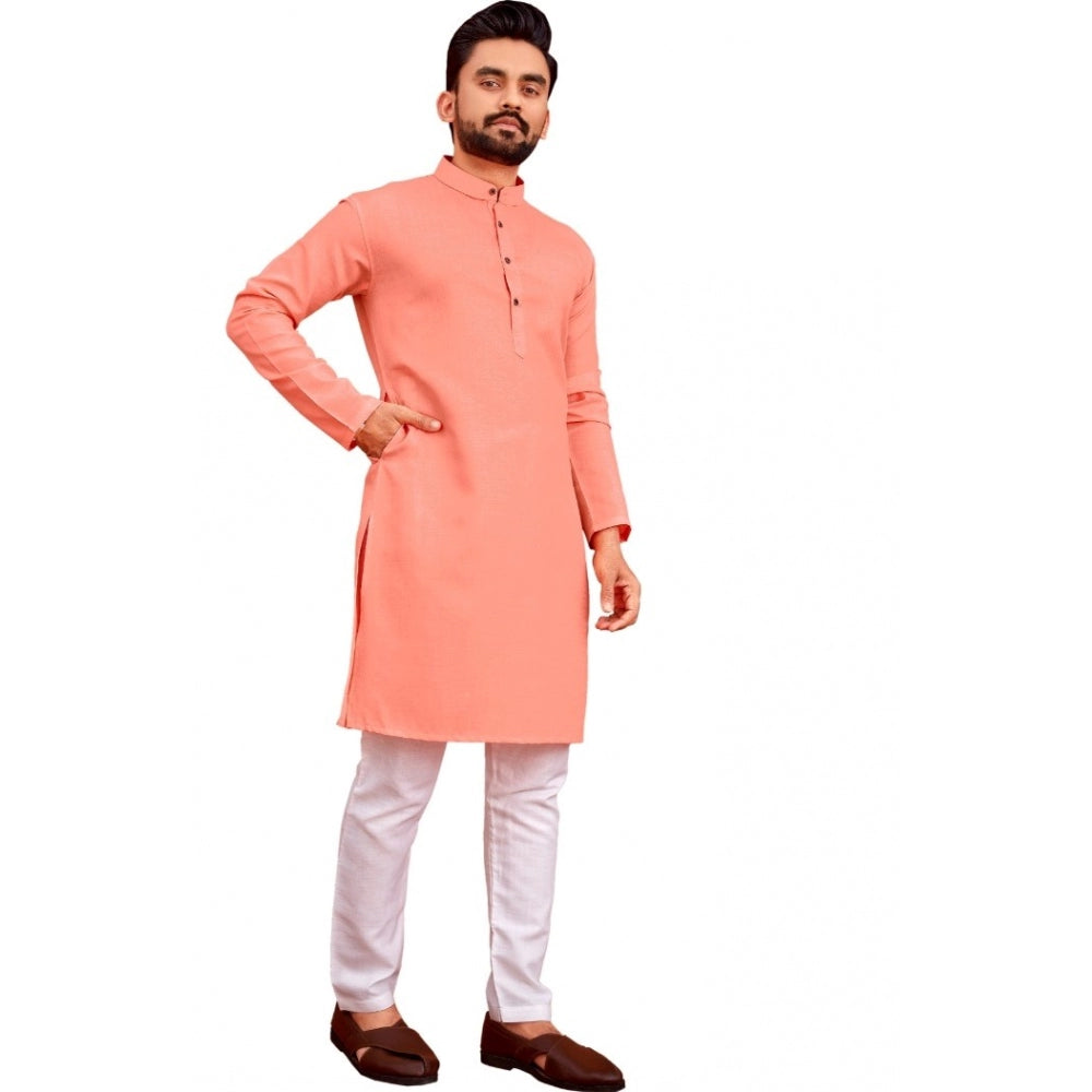 Roneclick Men's Cotton Blend Solid Full Sleeve Knee Length Kurta (Pink)