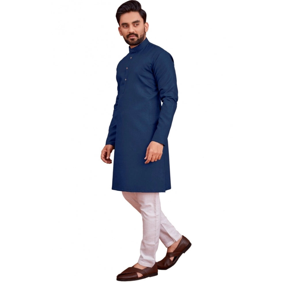 Roneclick Men's Cotton Blend Solid Full Sleeve Knee Length Kurta (Dark Blue)