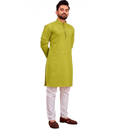 Roneclick Men's Cotton Blend Solid Full Sleeve Knee Length Kurta (Green)