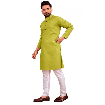 Roneclick Men's Cotton Blend Solid Full Sleeve Knee Length Kurta (Green)