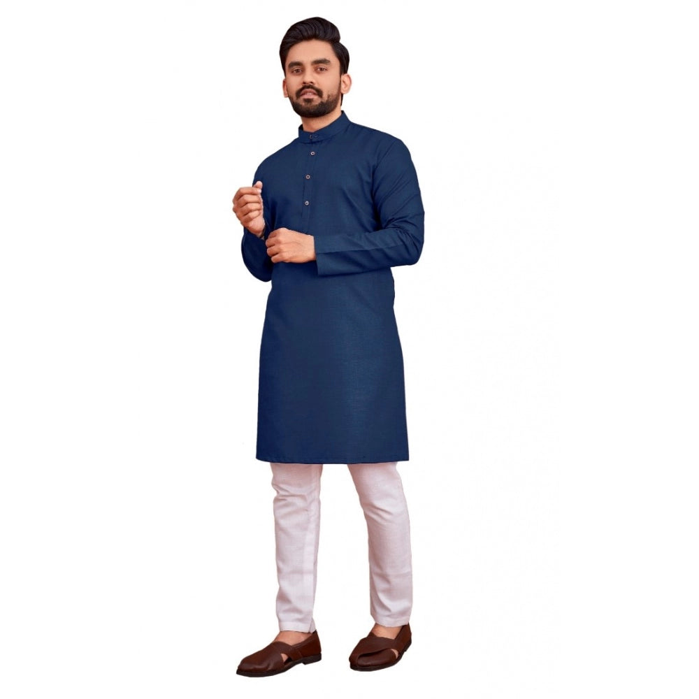 Roneclick Men's Cotton Blend Solid Full Sleeve Knee Length Kurta (Dark Blue)