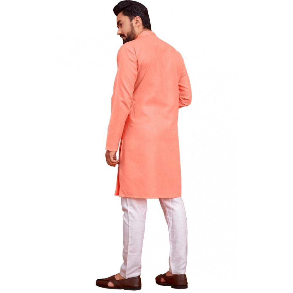 Roneclick Men's Cotton Blend Solid Full Sleeve Knee Length Kurta (Pink)