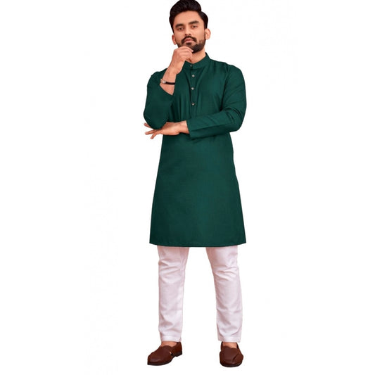 Roneclick Men's Cotton Blend Solid Full Sleeve Knee Length Kurta (Dark Green)