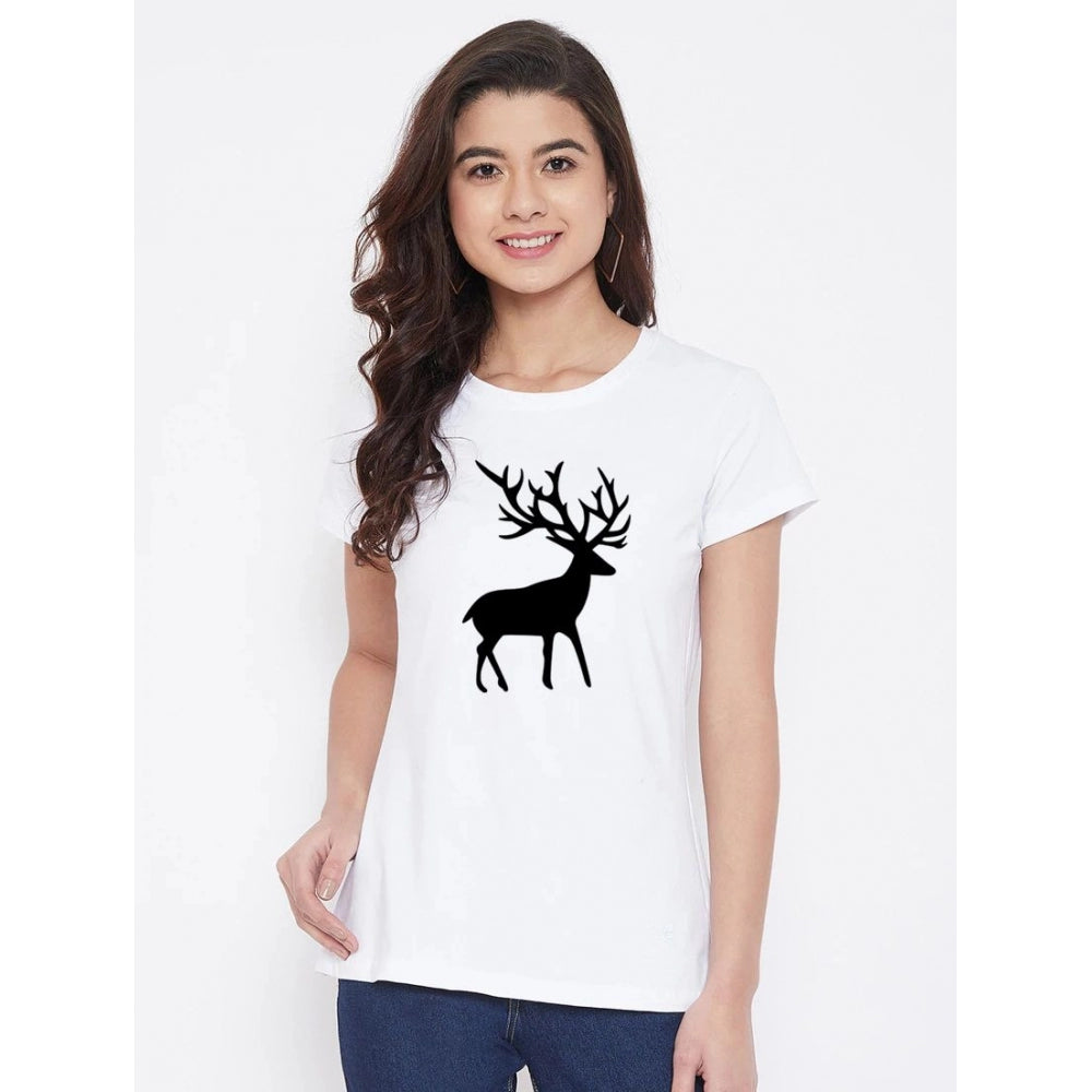 Roneclick Women's Cotton Blend Deer Printed T-Shirt (White)