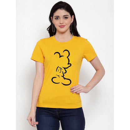 Roneclick Women's Cotton Blend Mickey Mouse Line Art Printed T-Shirt (Yellow)