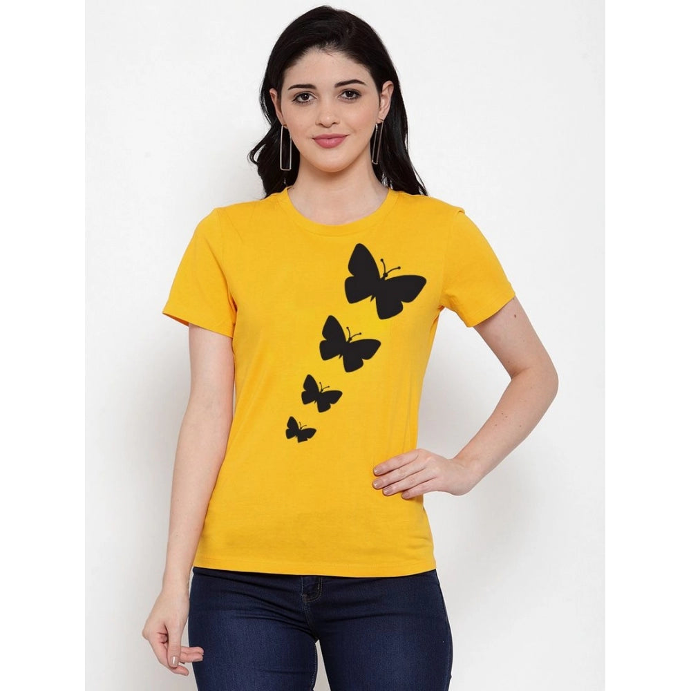 Roneclick Women's Cotton Blend Butterflies Printed T-Shirt (Yellow)