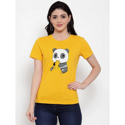 Roneclick Women's Cotton Blend Panda Bites Printed T-Shirt (Yellow)