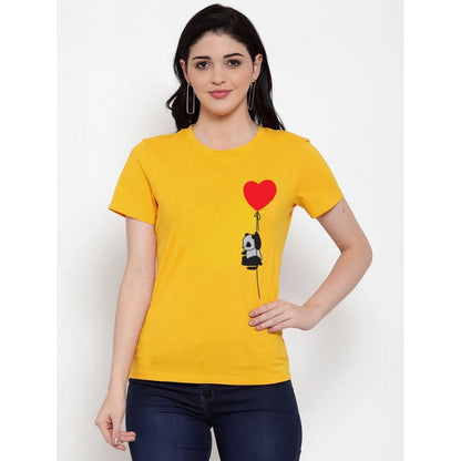 Roneclick Women's Cotton Blend Panda With Heart Balloon Printed T-Shirt (Yellow)