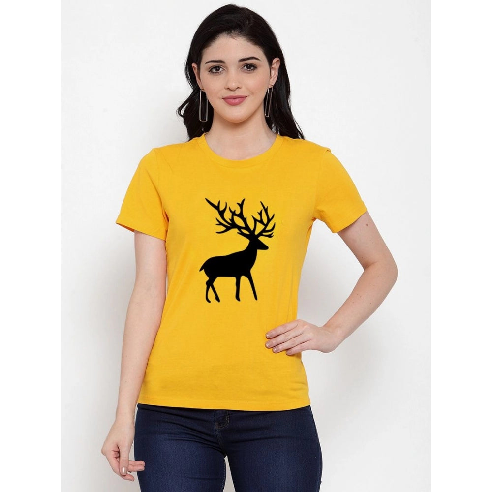 Roneclick Women's Cotton Blend Deer Printed T-Shirt (Yellow)